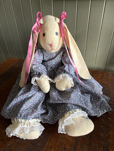 Vintage Handmade Large Cottagecore Bunny Rabbit Doll Blue Floral Dress Lace 