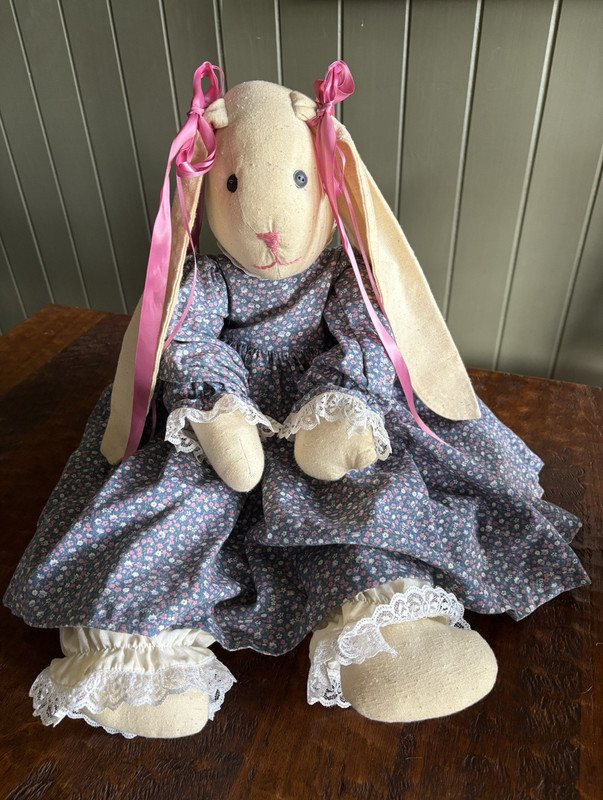 Vintage Handmade Large Cottagecore Bunny Rabbit Doll Blue Floral Dress Lace 