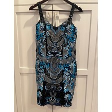 Morena Rosa Couture Beaded Sequin Embroidered Cocktail Dress Blue Black M