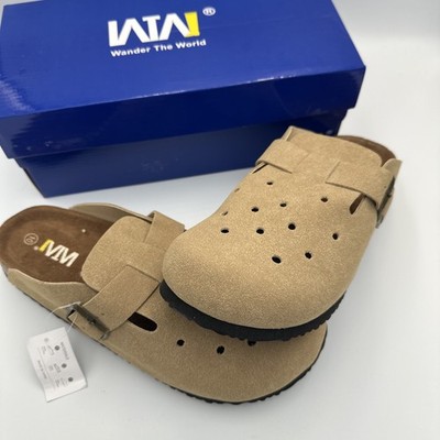 Womens Clogs Slip On Shoes Mules Cork Footbed Suede Leather Size 10 Sand Khaki