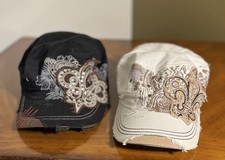 Girls Caps with Rhinestone Fleur de Lis pair