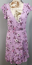 Mi Ami Ruffle Wrap Dress Womens Small Purple White Floral Faux V-Neck Tie Waist