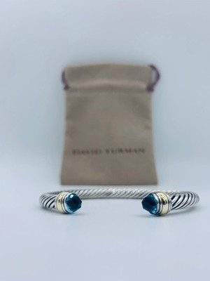 David Yurman 5mm Cable Sterling Silver Blue Topaz and 14K Yellow Gold Bracelet