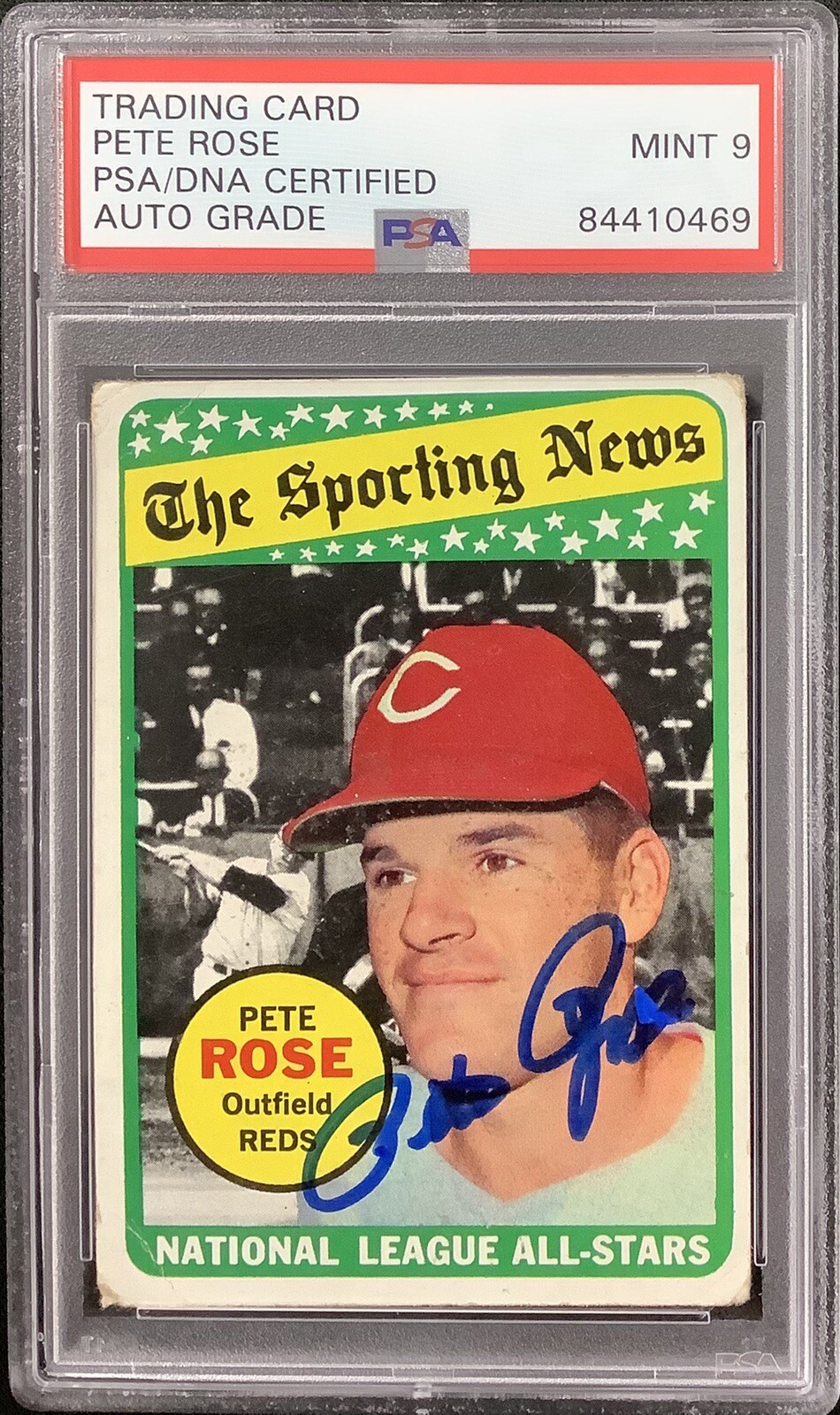 Pete Rose Signed 1969 Topps #424 Baseball Card Reds PSA/DNA Autograph Mint 9