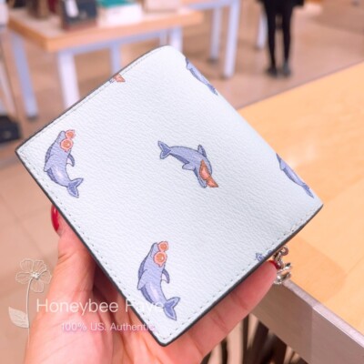 Coach CK436 Blue Dolphin Print Snap Card Case Wallet With A C