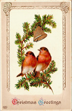 Christmas Greeting Red Robins Gold Bell Embossed Gel Coated  P.U.1914 Z-540