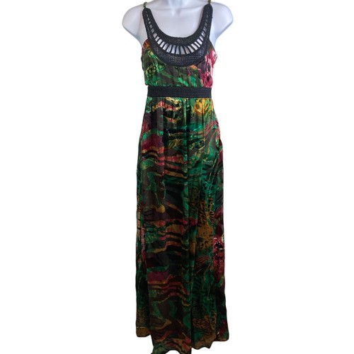 Desigual Silk Blend Crochet Maxi Dress Size 4 Tropical Rainbow Floral Print Boho