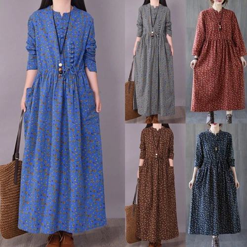 Ladies Long Dress Crew Neck Maxi Dresses Women Kaftan Holiday Sleeve Baggy Loose - Picture 2 of 47