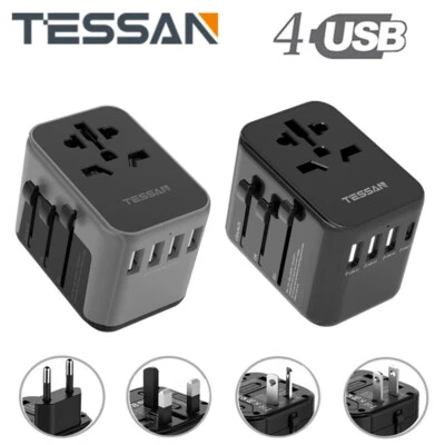 TESSAN Reiseadapter Weltweit mit 2- 4 USB für EU USA UK Thailand Italien Grau/Schwarz