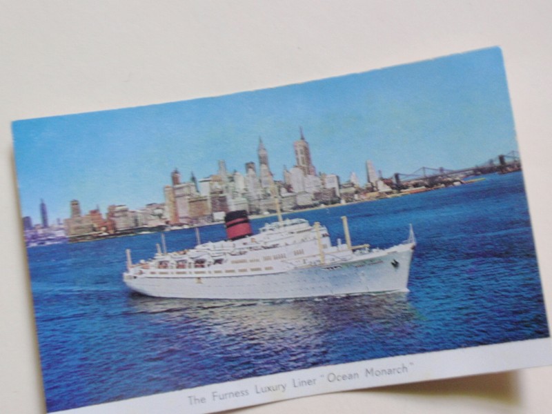 Postcard 1960's NYC skyline Ship Furness Luxury Liner Ocean Monarch Vintage 