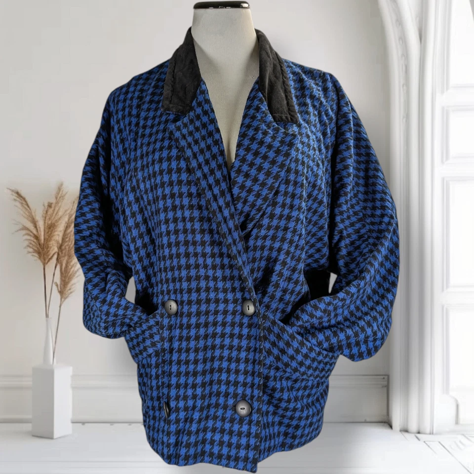 Chaqueta Vintage Años 80 Tweed Doble Pecho Talla L Azul Pata de Gallo Manga Dolman Foto 2 de 4