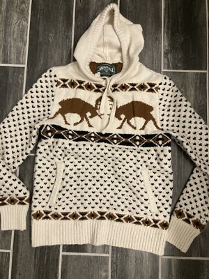 VTG American Eagle Knit Hooded Pullover Deer Sweater Cream  XS Nordic Winter