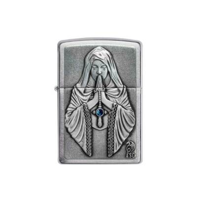 Zippo Windproof Lighter Prayerful Figure with Blue Jewel Brushed