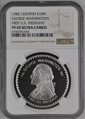 1982 Lesotho Silver 10 Maloti - George Washington First President - NGC PF 69 UC