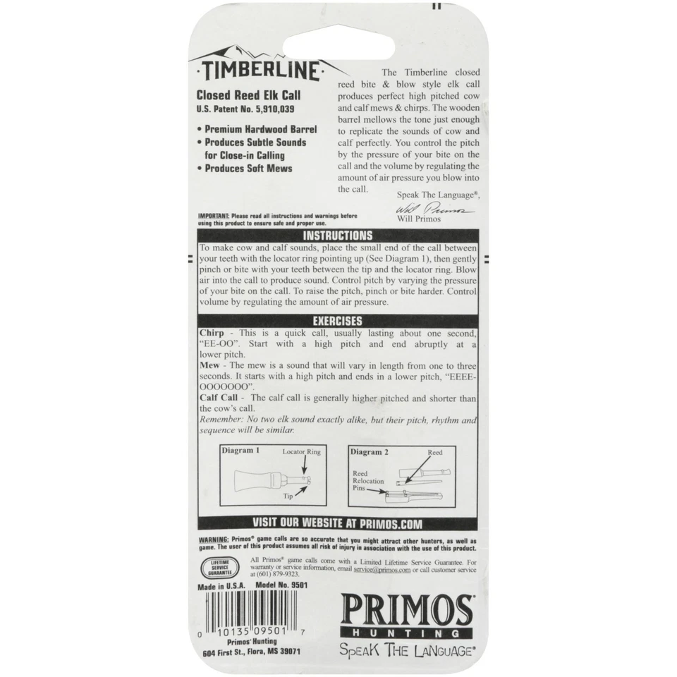  Elk Call Primos "Timberline" 9501 Closed Reed Wood Barrel New Sealed Package! - Image 3 of 4