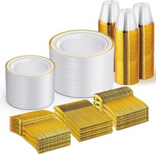 600 PCS Gold Disposable Dinnerware Set for 100 Guests Plastic Plates for Party