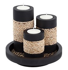 Tealight Candle Holders with Tray – Set of 3 Rustic Black Wooden Candle