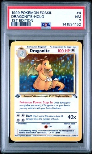 1999 POKEMON FOSSIL 1ST EDITION #4 DRAGONITE-HOLO PSA 7