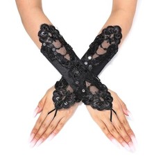 Satin Wedding Gloves with Sequin Lace and Beads - Short Fingerless Black