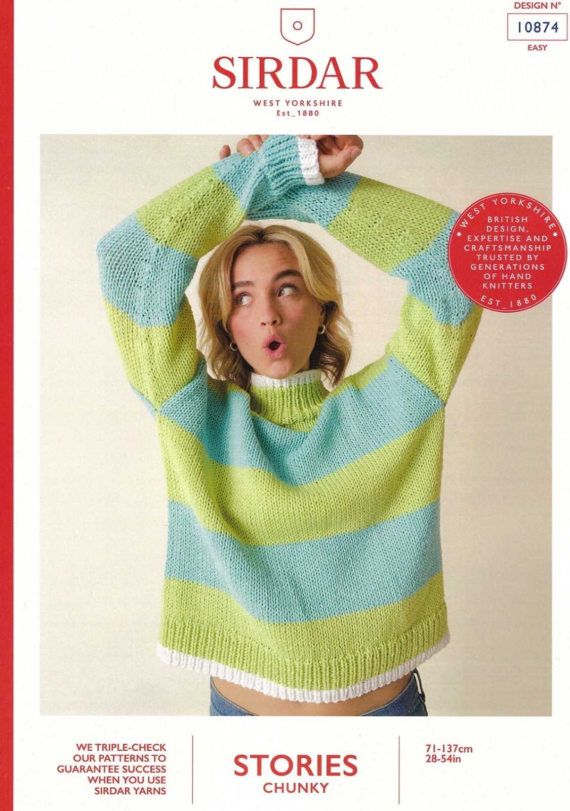 Sirdar Chunky Knitting Pattern - 10874 Ladies Striped Sweater (28-54ins)