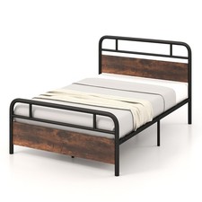 Image of Double Size Bed Frame Platform Metal Slats Support Bed W/ Industrial Headboard