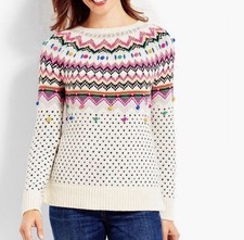 Talbots Fair Isle Pompom Sweater Colorful Button Back Wool Blend Sz LP