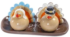  Pair of Pilgrim Turkeys Salt and Pepper Shaker Set - 3 Piece Set - 