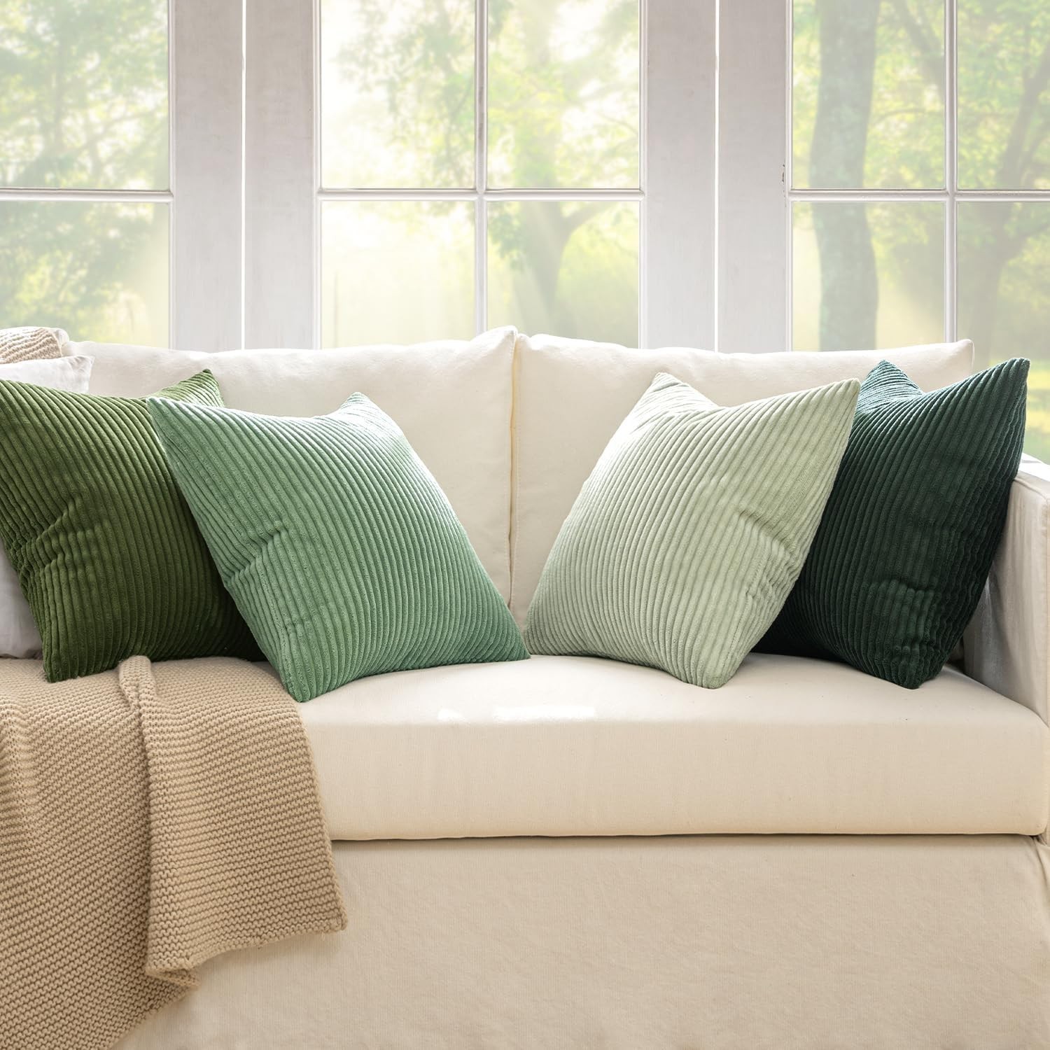 MIULEE Boho Farmhouse Sage Green Pillow Covers 18x18 4 Pack Nordic Corduroy Deco