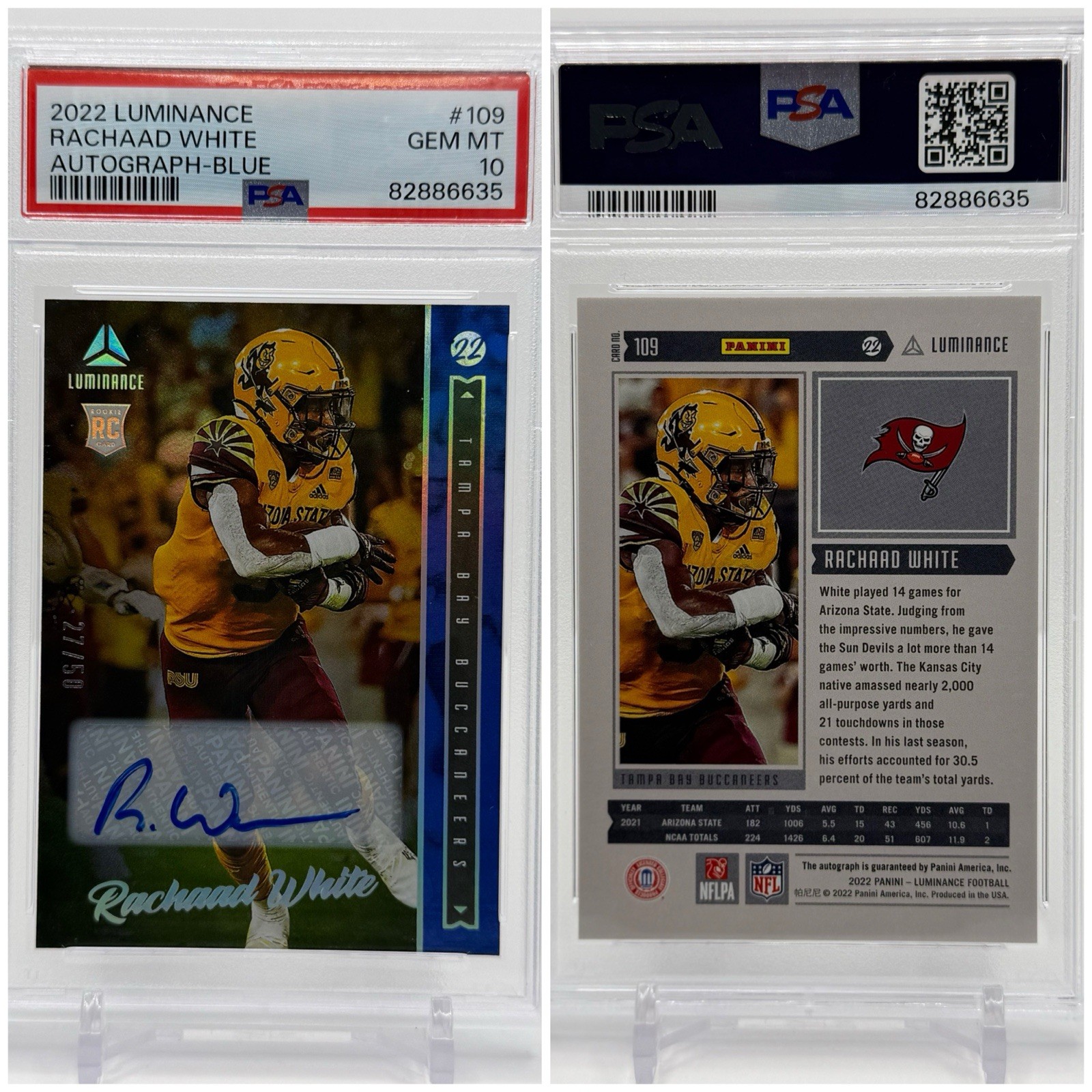 PSA 10 2022 Panini Luminance Blue Rookie Auto #109 Rachaad White /50 - Tampa Bay
