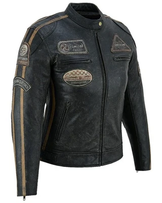 Veste Moto en Cuir pour Femme, Blouson Motard en Cuir Véritable, CE, Marron - Photo 1/4