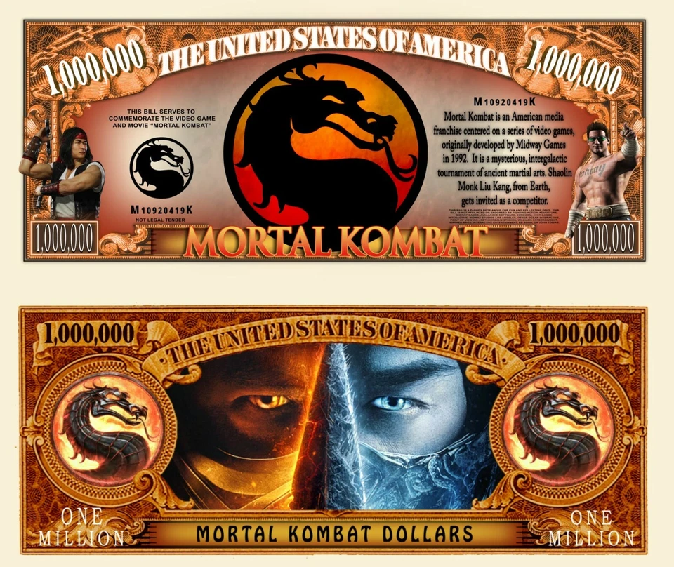 MORTAL KOMBAT BILLET MILLION DOLLAR US ! MK Jeu Video Liu Kang Johnny Cage Film
