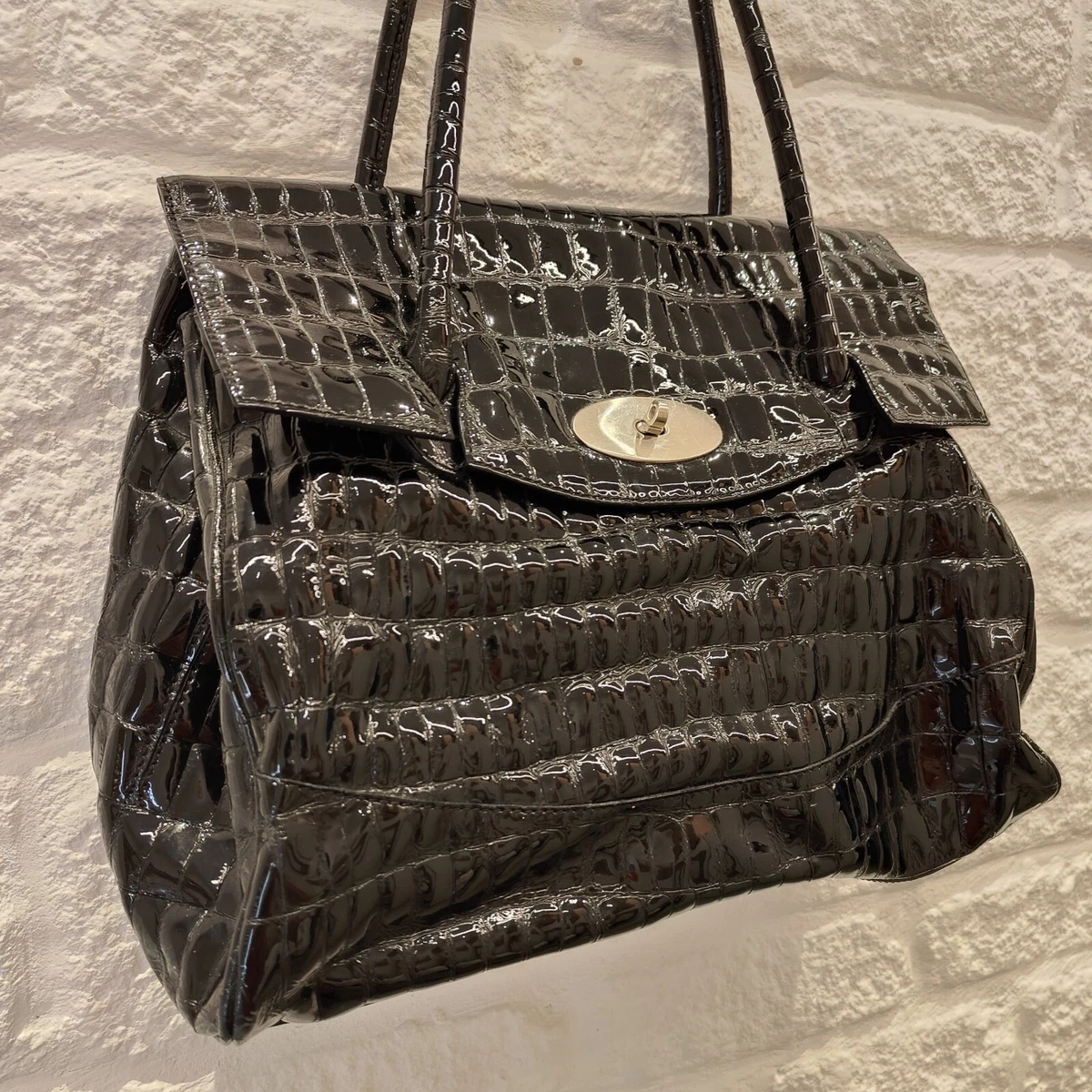 Russell Bromley London Black Croc Effect Patent Leather Tote Bag Hand