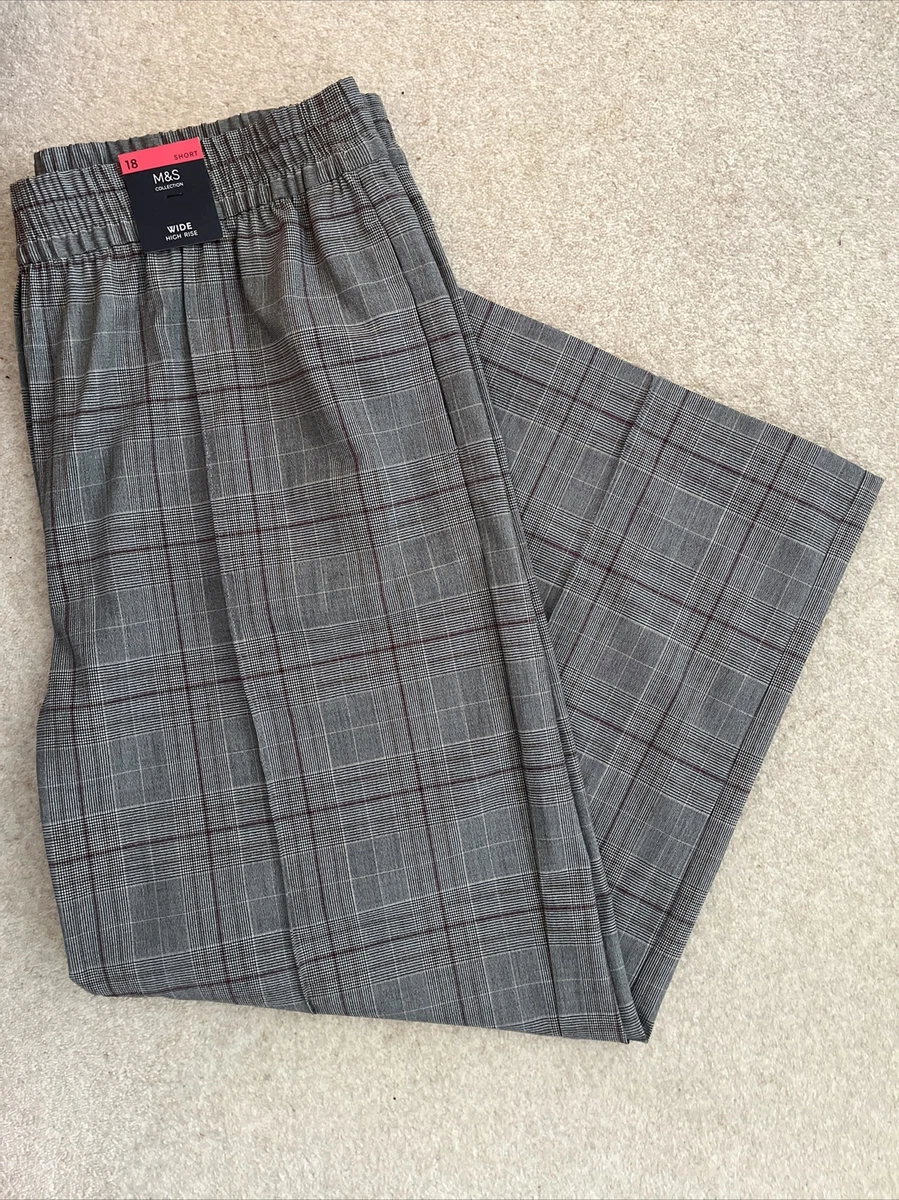 M S GREY CHECK HIGH WAISTED ELASTICATED WAIST WIDE LEG TROUSERS