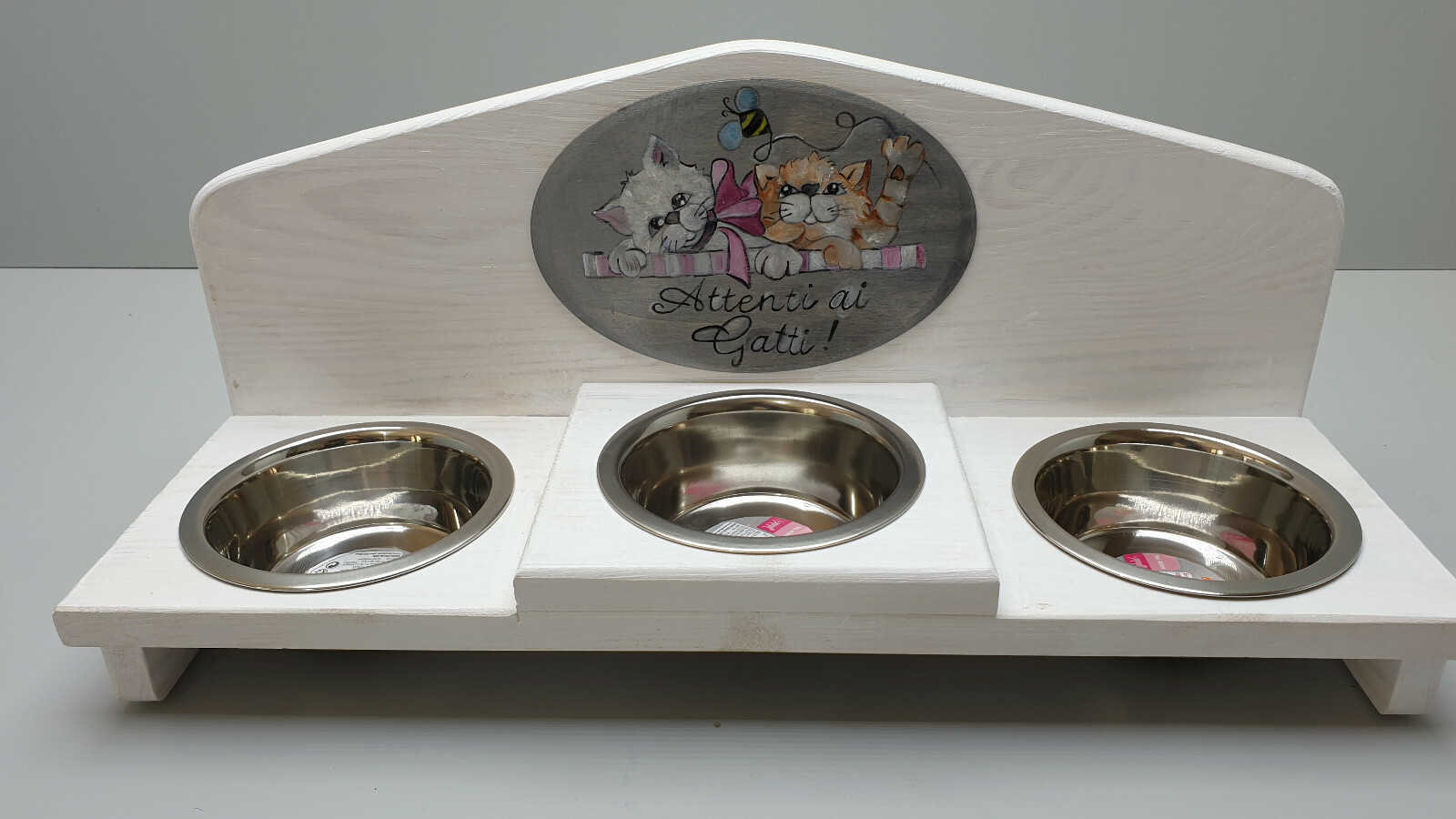 Portaciotole Gatto 3 Ciotole Legno Personalizzato Fatto a Mano
