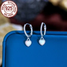 Women Boho 925 Sterling Silver Opal Heart Shape Dangle Drop Huggie Hoop Earrings