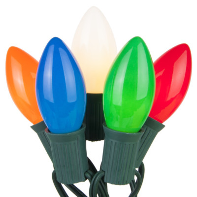 25-Light C9 MULTI CHRISTMAS Set GREEN WIRE End-To-End Incandescent NEW 1150-00
