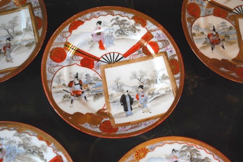 Juego 6 PLATOS SATSUMA antiguos de Japón pintados a mano firmados viñetas moriage doradas - Imagen 11 de 24