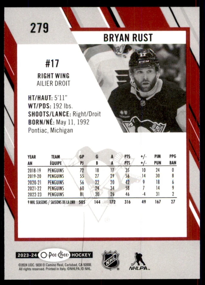2023-24 O-PEE-CHEE RED BORDER BRYAN RUST PITTSBURGH PENGUINS #279 - Image 2 of 2