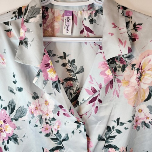 Lilac + London Satin Floral Button Front Pajama Short Sleeve Lace Trim TOP ONLY - Picture 2 of 11