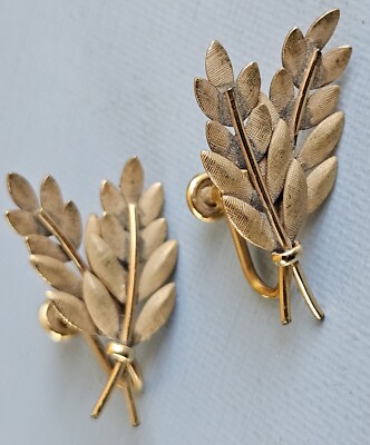 HSB 1/20 12K Yellow Gold Filled VTG Screw Back Earrings Laurel Leaf Harry S Bick