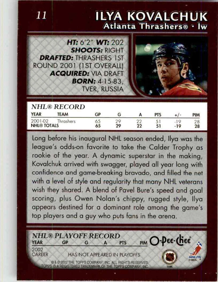 2002-03 O-Pee-Chee Ilya Kovalchuk #11 - Image 2 of 2