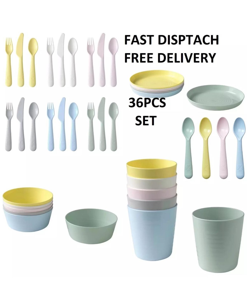 IKEA Kalas 36 Pieces Plastic Plate Cups Bowls Cutlery Set for Children and  Kids
