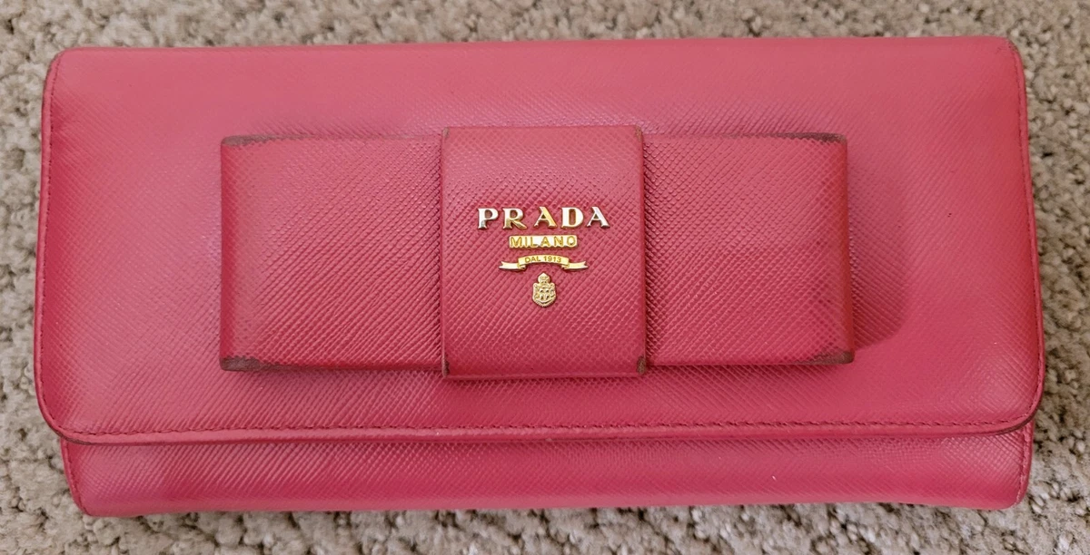 AUTH PRADA SAFFIANO FLAP BOW LOGO LEATHER LONG WALLET PREOWNED PINK