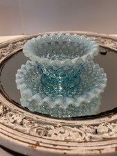 Vintage 1950's Fenton Blue Opalescent Hobnail 2 Piece Mayonnaise Set