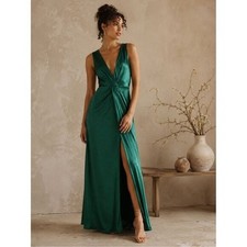 NEW Lulus Perfect Refinement Emerald Green Satin Sleeveless Pleated Maxi Dress