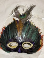 Peacock Fathered Masquerade Themed Eye Mask With Black Front Colored Feathers