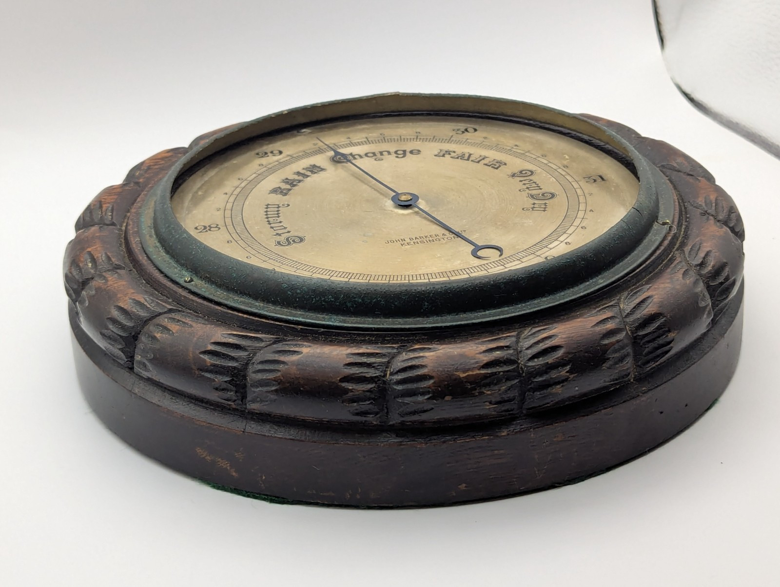 VTG English Aneriod Barometer John Barker & Co Kensington carved oak no glass