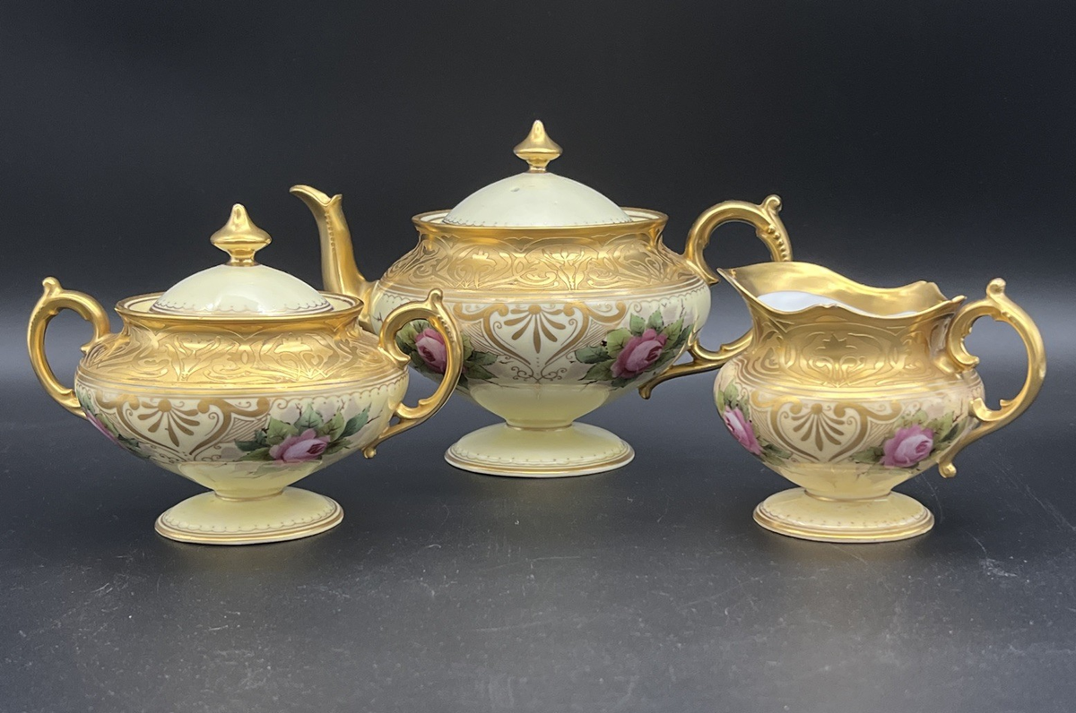 Antique Pickard China Hand Painted Roses Gold Encrusted 3-Piece