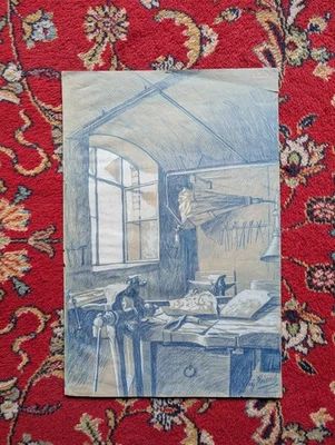 Dessin crayon bleu - Intérieur d'Atelier de Forge - G. GIMEL (1898-1962) - Photo 1/4