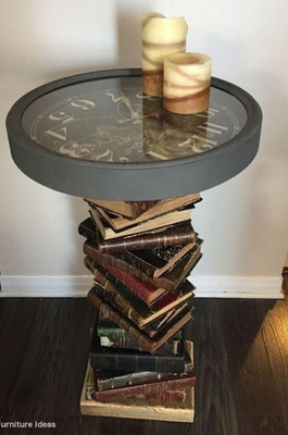 Round Black/Brown Side End Table with Stacked Book Base, Wood/Paper Indoor